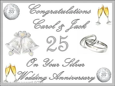 Personalised 25th Silver Wedding Anniversary Edible Icing Cake Topper Easy Peel  • £6.49