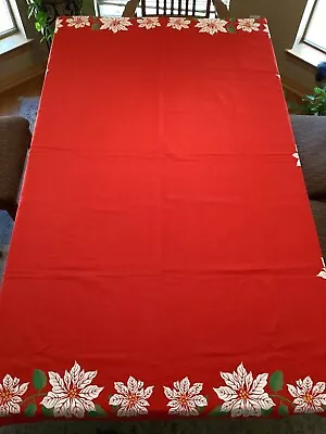 Vintage Christmas Holiday Red Poinsettia Flowers Rectangle Tablecloth 78x58 • $19.95