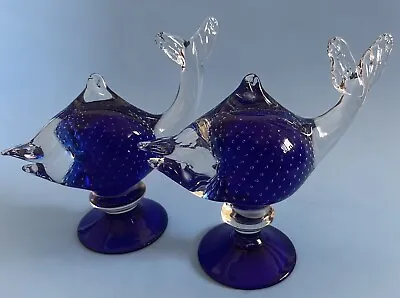 Pair Venetian Or Murano Blue Art Glass Fish  Controlled Bubbles  Tropical Beach • $49.50