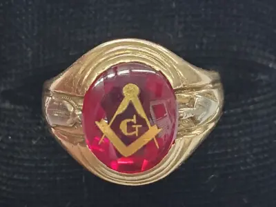 Vintage MASONIC 10K Gold Red-Stone Ring By FAITH -size 8.5 • $395