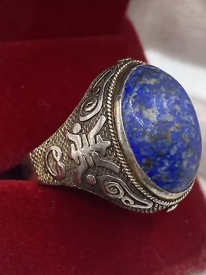 Vintage Very Huge Massive Lapis Men’s Engraved Silver Ring Sz9 Very GORGEOUS • $37.40