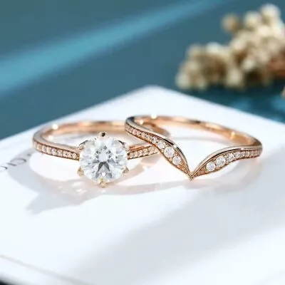 2.0ctw Round Cut Moissanite Matching Band Wedding Ring Sets 14k Rose Gold Plated • $138.15
