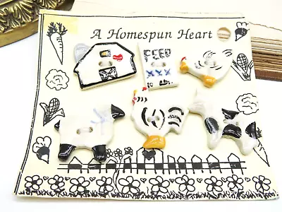 Vintage Homespun Heart Farm Theme Chicken Cow Sheep Ceramic Button Set F51 • $14.44