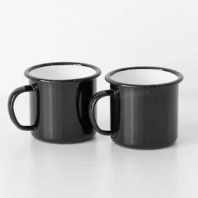 Set Of 2 Black Enamel Mugs 360ml Vintage Style Tea Water Coffee Tin Camping Cups • £12.99