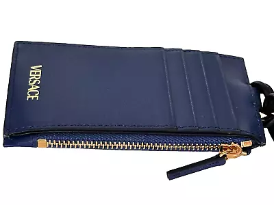 New Versace Zip Card Case Lanyard Medusa Wallet Dark Blue Leather Card Case • $89.99