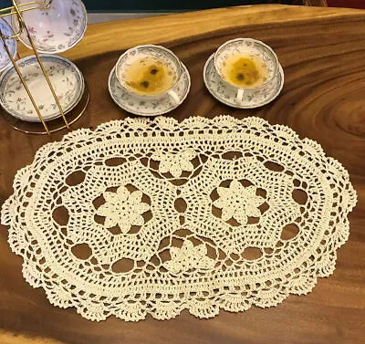 12 X20  Vintage Hand Crochet Lace Doily Oval Table Runner Flower Dresser Scarf • $8.99