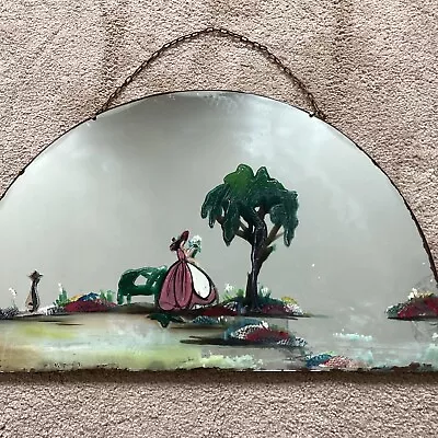 Lovely Vintage Half Moon Bevelled Edged Hand Painted Crinoline Lady Wall Mirror • £38