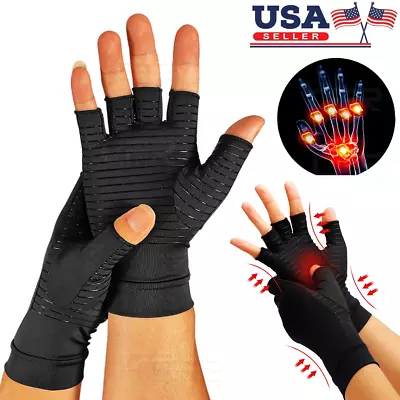 Fingerless Copper Compression Arthritis Gloves Carpal Tunnel Joint Pain Relief  • $7.77