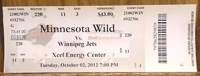 Minnesota Wild Vs. Winnipeg Jets 10-2-2012 Used Ticket Stub • $6