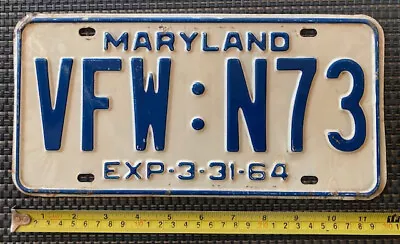 1964 MARYLAND License Plate  # VFW:N73   Veteran Of Foreign Wars     • $9