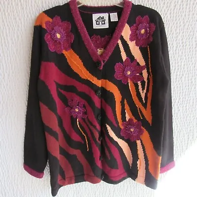 $6 • Buy Storybook Heirloom Cardigan M Sweater Purple Orange Burgundy Black 3D