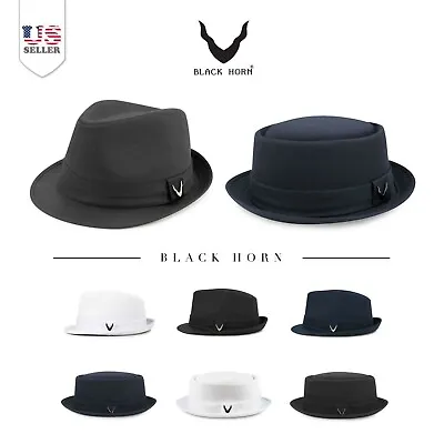 Fedora Porkpie Hat - Black Horn Classic Structured Trilby Fedora Porkpie Hat • $18.99