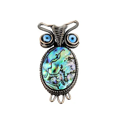 Abalone Shell Copper Gift For Bestie Owl And Wire Wrapped Pendant 2.56 • $22.51