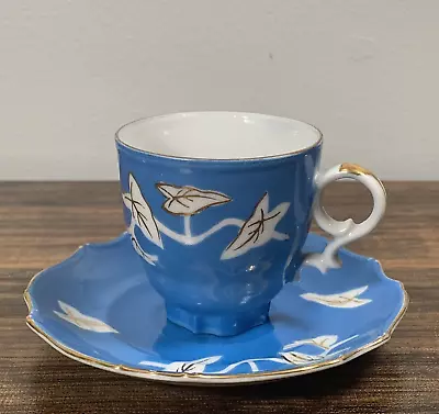 Ucagco China Cup Saucer Blue White Leaves Occupied Japan ?? Ceramic Teacup Gold • $29.95