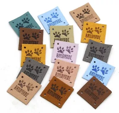 Faux Suede Leather Labels HAND MADE Paw Print Clothing Tag Label Tags 25x25mm • £1.80