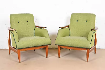 Finn Juhl Danish Modern Upholstered Teak Lounge Chairs Pair • $6500