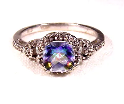 1.00 Ct Mystic Topaz Solitaire Ring With 16 Diamond Accents 10K White Gold • $199.95