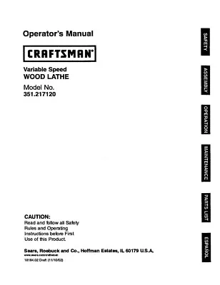 Owners Manual Sears Craftsman Variable Speed Wood Lathe -  Model 351.217120 • $18.95
