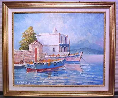 Original Oil Painting Mediterranean Coastal Scene Signed Home Boat Sea • $50