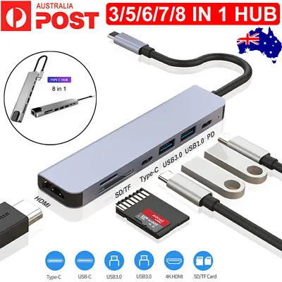 $6.39 • Buy 3/5/6/7/8 In 1 USB-C HUB Type-C USB 3.0 4K HDMI RJ45 Ethernet PD 100W Adapter