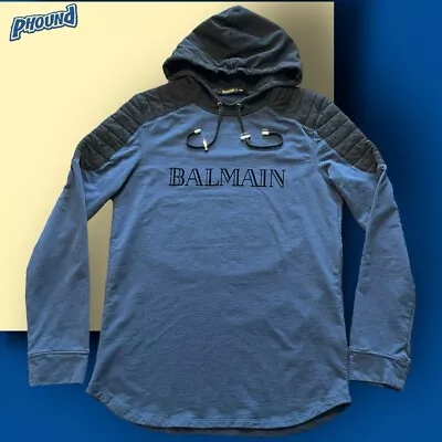 BALMAIN X H&M Blue Black Jersey Hoodie Size L Rare Euc Sold Out • $54.99