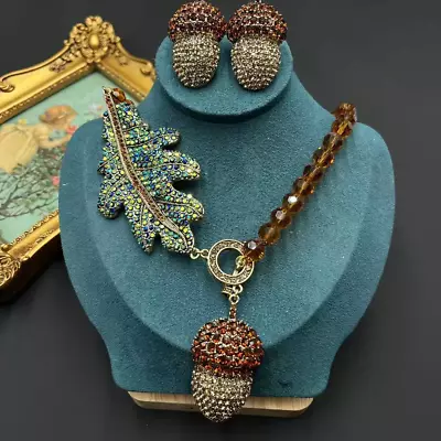 Rhinestone Acorn Leaf Vintage Style Necklace Studs Earrings Beaded Pine • £14.99