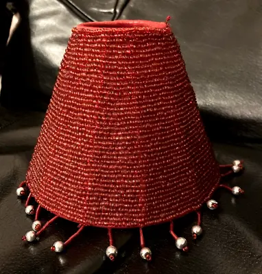 VINTAGE BEADED TABLE LAMP SHADE MINI RED Votive Candle Lamp Bead Fringe • $10.95
