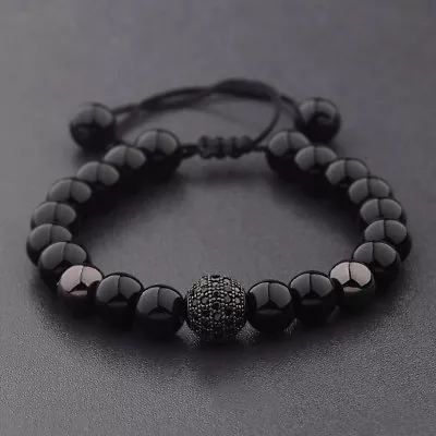 Luxury Men's Natural Black Lava Zircon Micro Pave Round Beaded Macrame Bracelets • $2.10