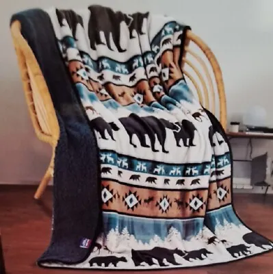 New Teal Lodge Plush Fleece Throw Gift Blanket Sherpa Rustic Cabin Moose Bear • $23.99