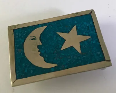 Vtg Mexico Silver Celestial Crescent Moon Star Mosaic Turquoise Belt Buckle • $14.99