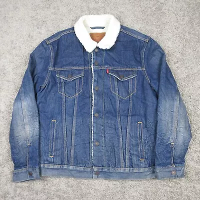 Levis Jacket Mens Large Blue Trucker Denim Bomber Sherpa Lined Pockets Red Tab • $29.99