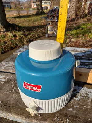 $28 • Buy 1977 Vintage Coleman Water Cooler Jug With Cup Metallic Shiny Blue & White