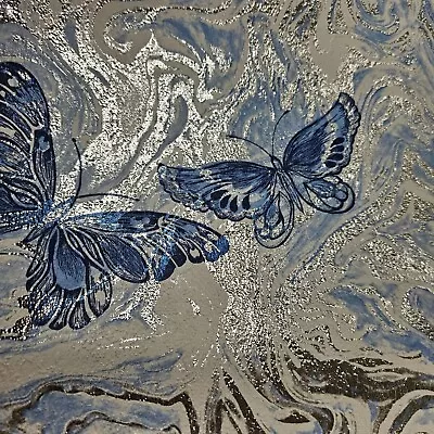 Vint 60s Metallic Wallpaper MCM Blue/silver Butterfly 2.5 Rolls Approx 161 Sq Ft • $149.99