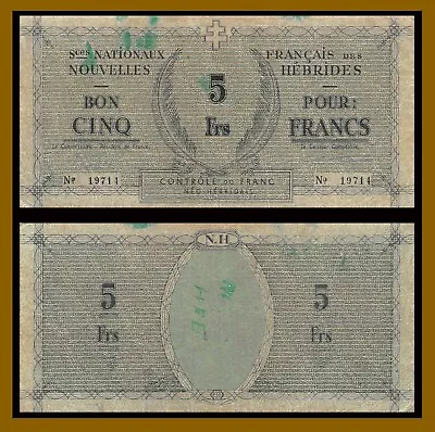 Vanuatu (New Hebrides) 5 Francs 1943 P-1 Emergency Issue WWII Banknote (Cir) • $93.95