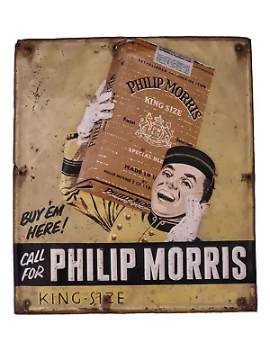 Vintage Philip Morris Bellhop Johnny Embossed Metal Cigarette Sign 14” X 12” • $169.95