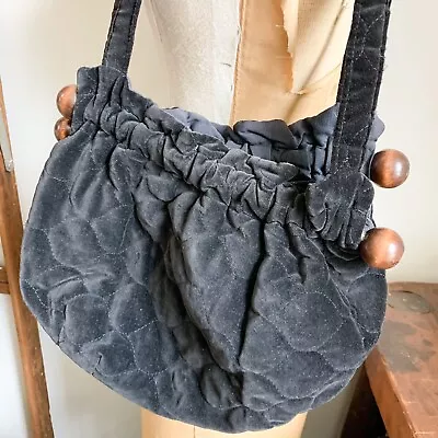 Vintage Black Carpet Bag Purse Velvet Chenille Tapestry Wooden Handles Knitting • $31.68