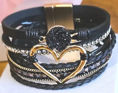 Fashionable Cuff Bracelet Black Heart Wrap Sparkly Magnetic Fasten UK • £5.75