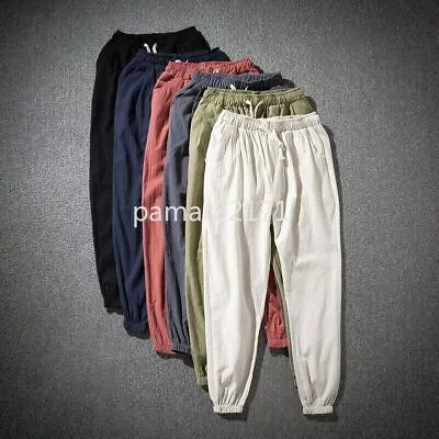 Men Cotton Linen Trousers Baggy Pants Harem Style Elastic Waist Loose Casual • £17.96