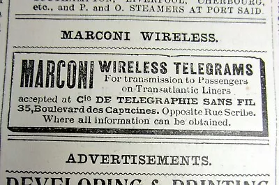 1907 Paris FRANCE Newspaper Wth AD For Newly Invented MARCONI WIRELESS TELEGRAMS • $18