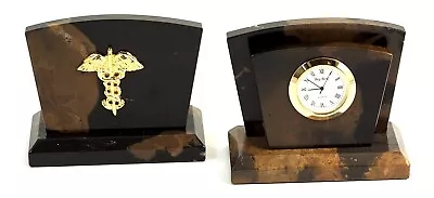 Tiger Eye Marble Letter Holder With Quartz Clock And Medical Caduceus Medallion • $85