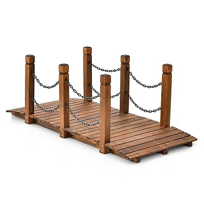 Wooden Garden Bridge Metal Chain Arc Footbridge Outdoor Pond Walkway Lawn Décor • £58.95