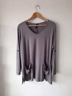 £24.99 • Buy Yong Kim Grey Lagenlook Stretchy Tunic Size 18 Uk Pockets Roll Tab Sleeve