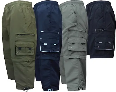 New Mens Elasticated Waist 2 In1 Zip Off Cargo Combat 3/4 Long Shorts Pant M-XXL • £11.95