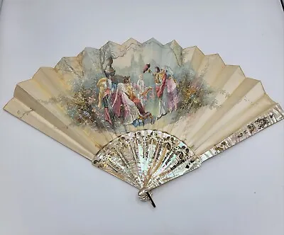 19th Century French Hand Painted Silk Mother Of Pearl Ladies Fan • $480