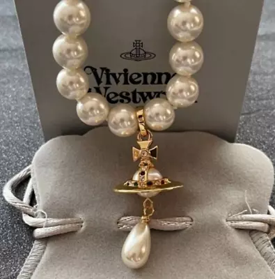 Vivienne Westwood Orb Necklace Choker White 1 Row Drop Pearl 3D Gold Pendant • $35.99