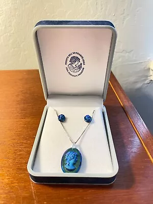 Vintage 925 Silver Gorgeous Blue Glass Cameo Jewelry Set - In Original Box • $10.50