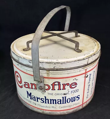 RARE MAKE-DO 5lb Campfire Marshmallows Tin FOLK PIE CAKE CARRIER Brass Country • $220.02