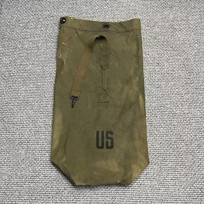 Vintage Army Duffle Bag Green Cotton Canvas US Stenciled Ruck Sack Handle • $19.97