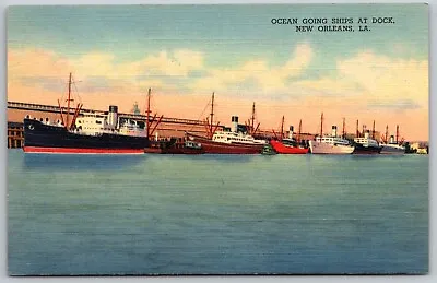 Vintage Linen Postcard Ocean Going Ships At Dock New Orleans Louisiana Unposted • $1.95