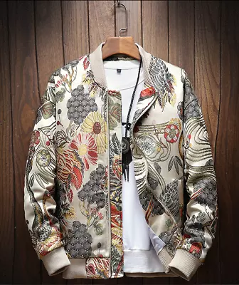 Men Chinese Style Jacket Floral Embroidery Coat Baseball Cardigan Oversize • $76.99